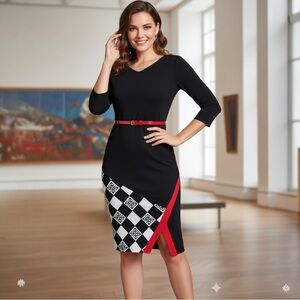 Chic Black Midi Dress with Red Accents